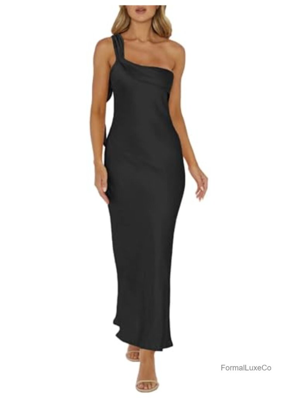 Satin One Shoulder Formal Maxi Dress Sleeveless Backless Ruffle Women Wedding